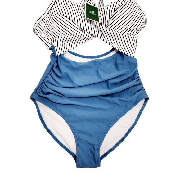 Striped Twist-Front High-Waist One-Piece Swimsuit Blue & White S Eomenie - Picture 4 of 9